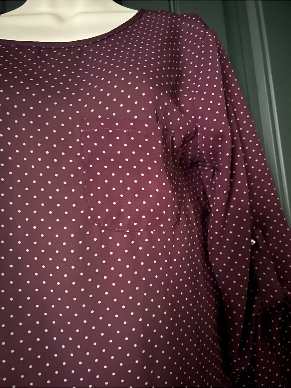 Lily White Blouse Size L Burgundy Polka Dot